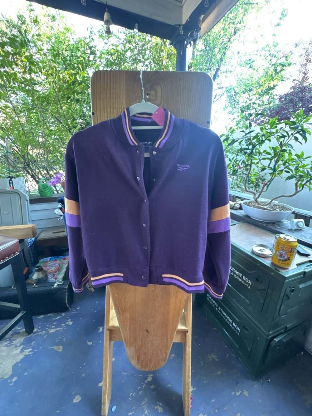 Kids L Reebok Purple Varsity Snap Jacket with Striped Rib Knit Trim